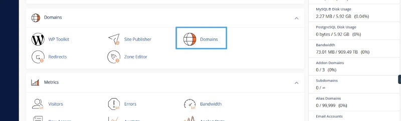 Tiến hành truy cập menu Domains trong cPanel