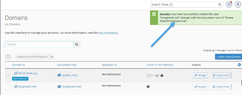 Thực hiện xác nhận thêm tên miền thành công trong cPanel