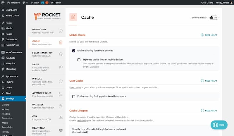 Bộ nhớ cache trên Rocket WP